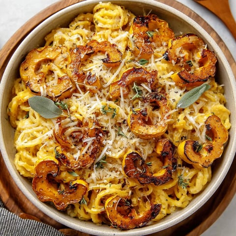 A dish of pasta with roasted delicata squash.