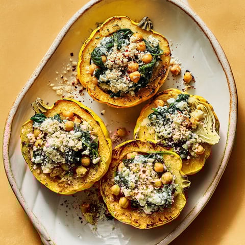A plate of roasted carnival squash with savory chickpea filling.