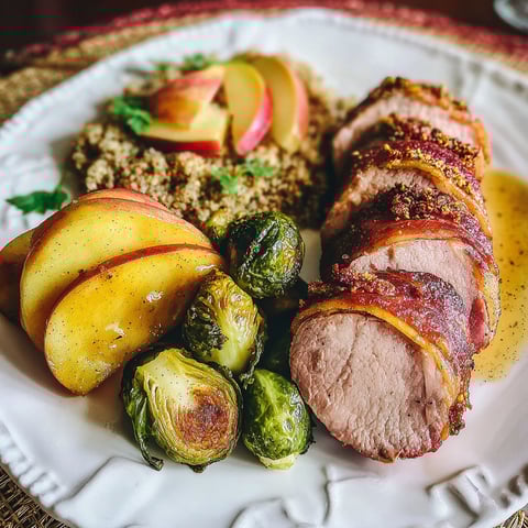 A plate of food with meat, vegetables and fruit.
