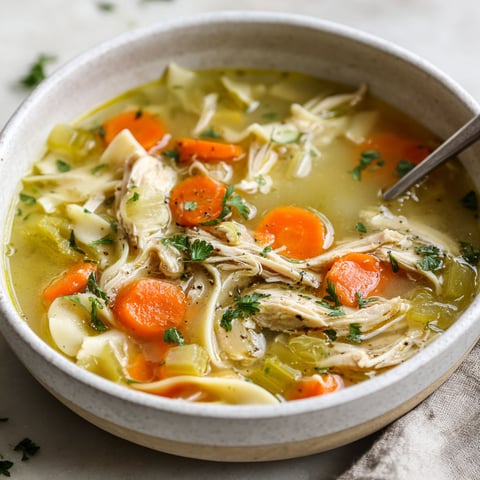 A bowl of chicken soup with carrots and herbs.