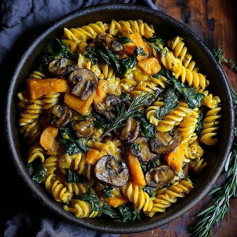 A bowl of pasta with mushrooms and spinach.