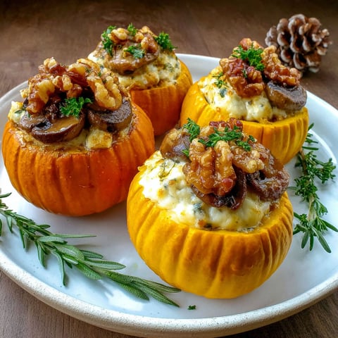 Three mini pumpkins filled with cheese and walnuts.