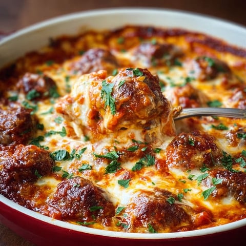A close up of a meatball casserole with a fork.