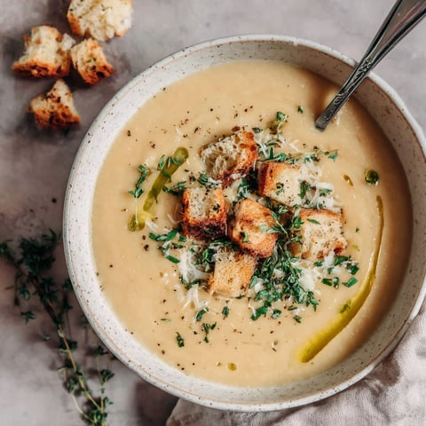 A bowl of soup with bread and herbs.
