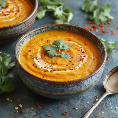 A bowl of spicy carrot ginger soup.
