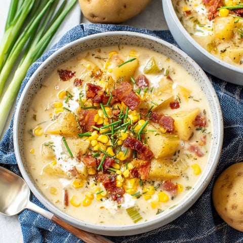 A bowl of potato corn chowder with bacon and corn.