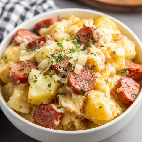 A bowl of cheesy potatoes and kielbasa.