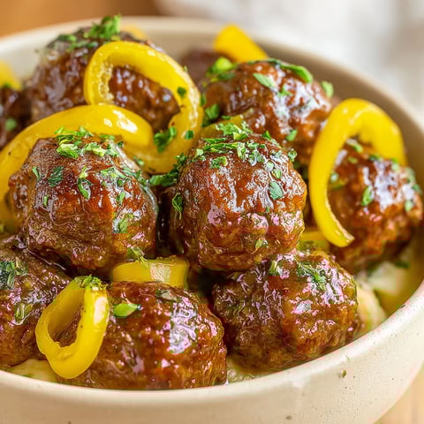 A bowl of meatballs with yellow peppers.