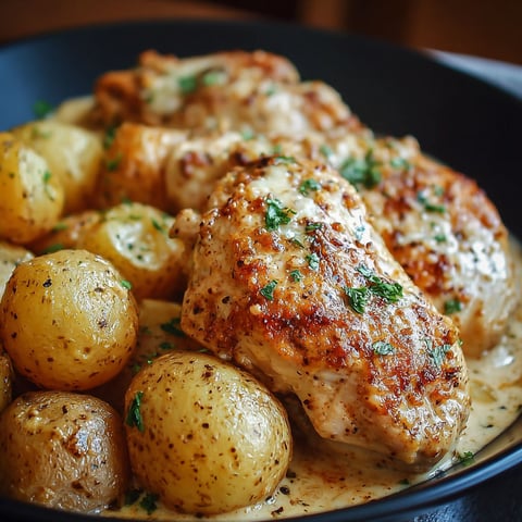 A plate of chicken and potatoes with a garlic and parmesan sauce.
