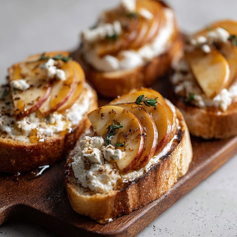 Caramelized apple and ricotta crostini on a wooden platter.