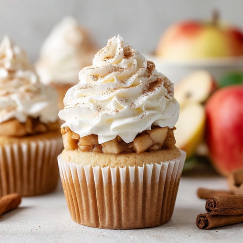 Two apple pie cupcakes with whipped cream topping.