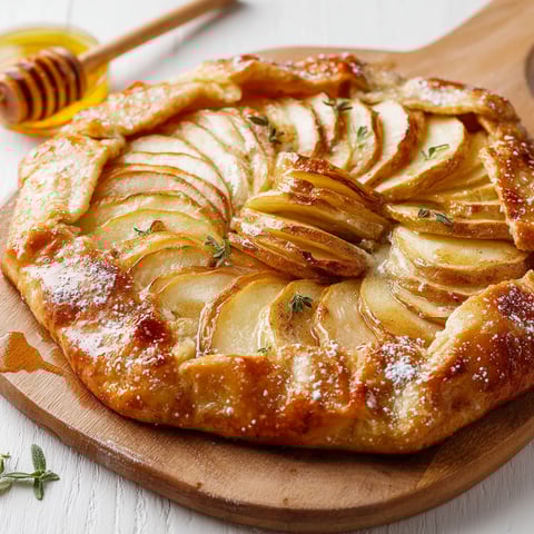 A delicious looking apple galette with a golden crust.