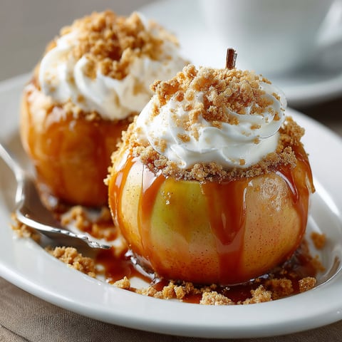 Two apples with whipped cream and crumbles.