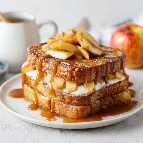 A stack of French toast with caramel drizzled on top.