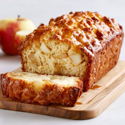 A slice of apple bread on a wooden cutting board.