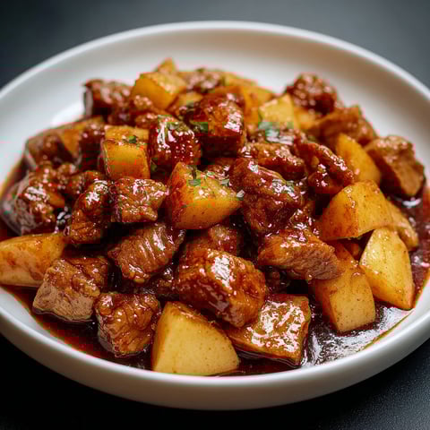 A white plate with a bowl of meat and potatoes.