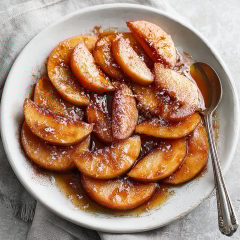 A plate of baked apple slices with cinnamon and sugar.
