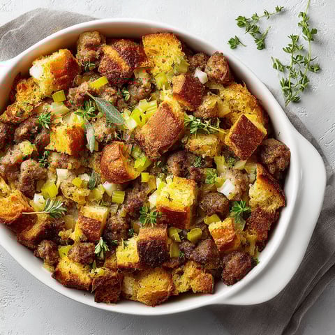 A white bowl filled with sausage stuffing.