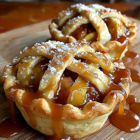 Two mini pies with caramel sauce and apple filling.