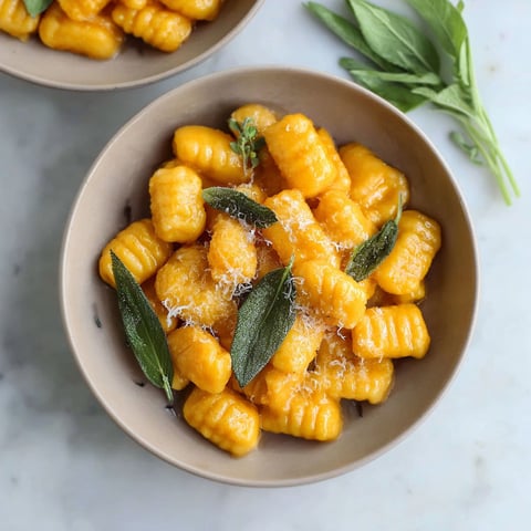 A bowl of pumpkin gnocchi with vegan sage butter.