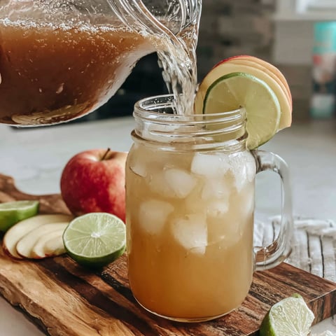 A pitcher of apple cider margarita is poured into a glass.