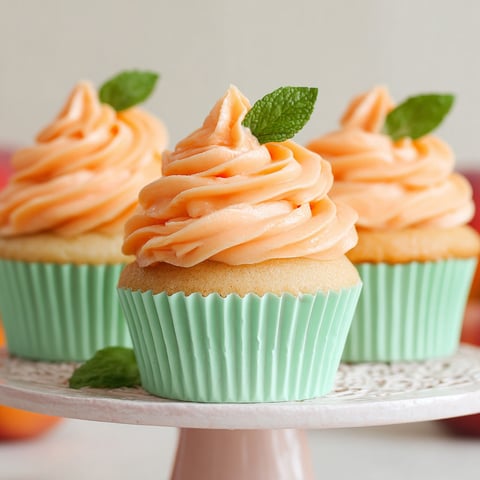 Three cupcakes with peach purée buttercream.