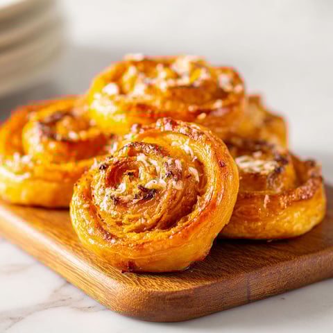 Pumpkin Puff Pastry Pinwheels on a wooden board.