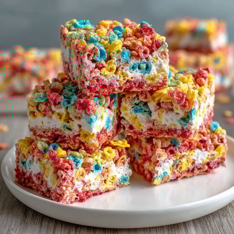 A stack of Fruity Pebbles Marshmallow Treats.