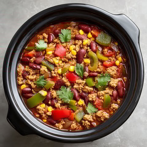 A bowl of chili with meat and vegetables.