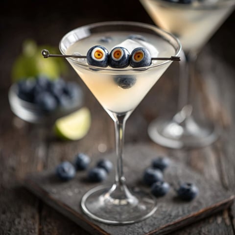 A martini with blueberries and a lemon wedge.