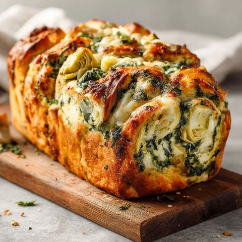 A loaf of vegan spinach and artichoke pull-apart bread.