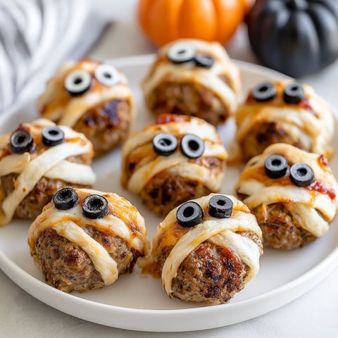 A plate of meatballs with eyes made of olives.