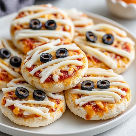 Mini mummy pizzas with olives and cheese.