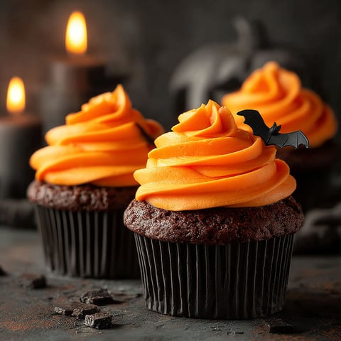 Two Halloween chocolate cupcakes with orange buttercream.