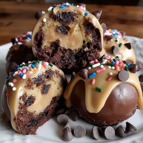 A plate of chocolate covered cookie dough brownie bombs.