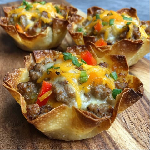 Cheesy sausage wonton cups on a wooden table.