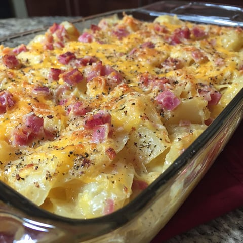 A cheesy ham potato casserole in a glass dish.