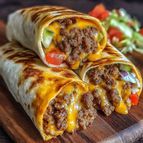 Two cheeseburger wraps on a wooden table.