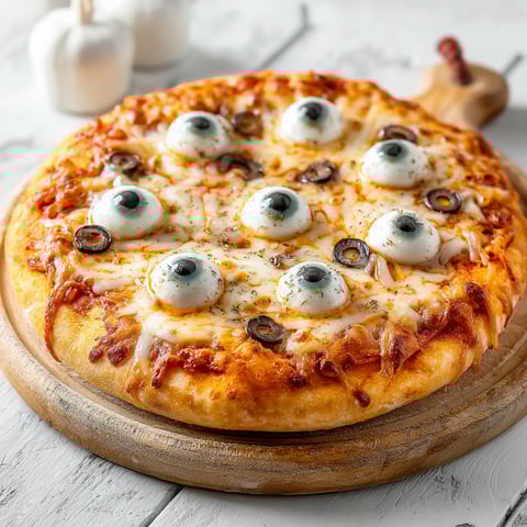 A pizza with monster eyeball toppings.