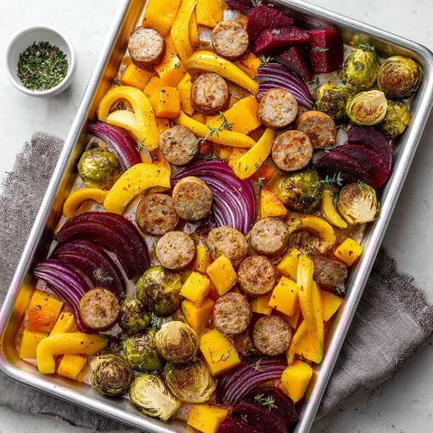 A pan of roasted vegetables and sausage.