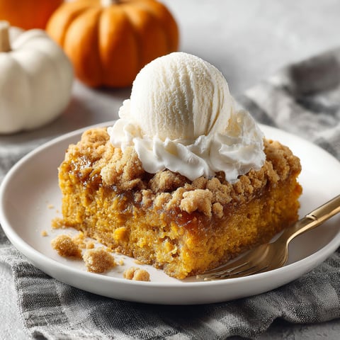 A slice of pumpkin dump cake with a scoop of ice cream on top.