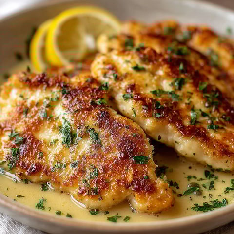A plate of chicken scallopini with lemon wedges on top.