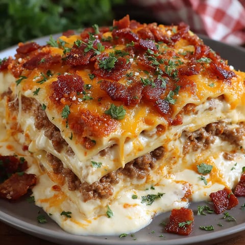 A plate of Parmesan Garlic Bacon Lasagna.