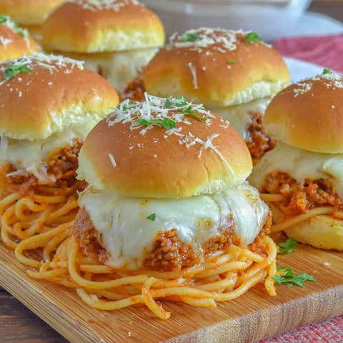 A plate of spaghetti sliders with cheese.