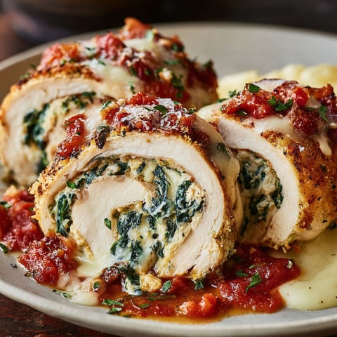 A plate of chicken spinach cheese rollatini.