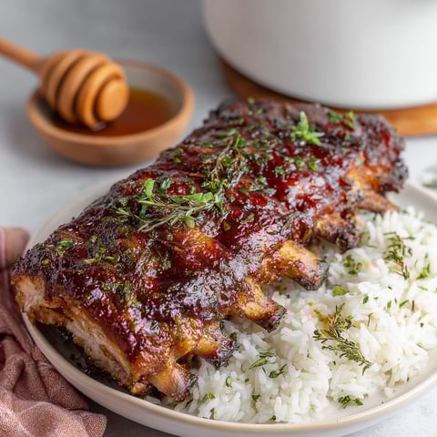 A plate of ribs with rice and a honey dipping sauce.