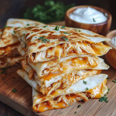 A stack of quesadillas with a bowl of sour cream and chives.
