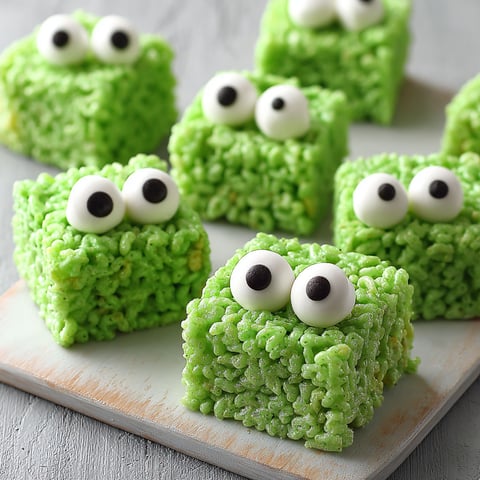 A plate of green rice krispie treats with eyes.