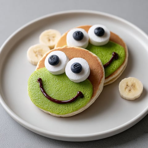 A plate of pancakes with blue eyes and a smile on top.
