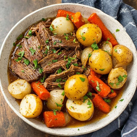 A bowl of slow cooker pot roast with vegetables.